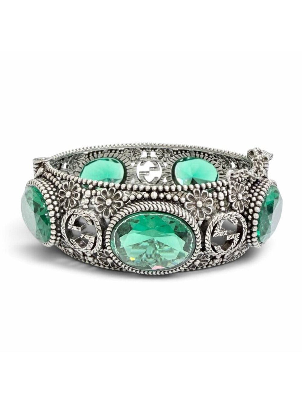 Gucci Interlocking G Flower Cat Head Green Color Stone Bangle Silver 16 Bracelet